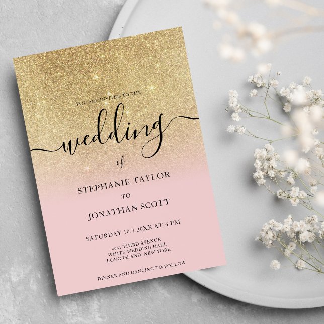 Glam pink gold Glitzer Schwarzes Drehbuch ombre Ho Einladung (Glam pink gold glitter black script ombre wedding)