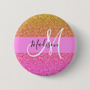 Glam Pink & Gold Glitzer Sparkle Gradient Monogram Button