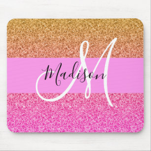 Glam Pink & Gold Glitzer Sparkle Gradient Monogram Mousepad