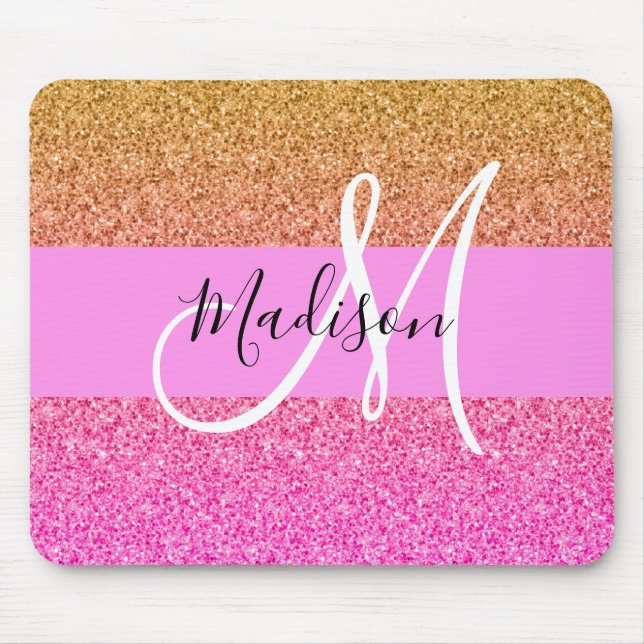 Glam Pink & Gold Glitzer Sparkle Gradient Monogram Mousepad (Vorne)