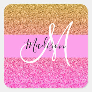 Glam Pink & Gold Glitzer Sparkle Gradient Monogram Quadratischer Aufkleber