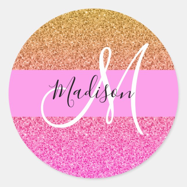 Glam Pink & Gold Glitzer Sparkle Gradient Monogram Runder Aufkleber (Vorderseite)