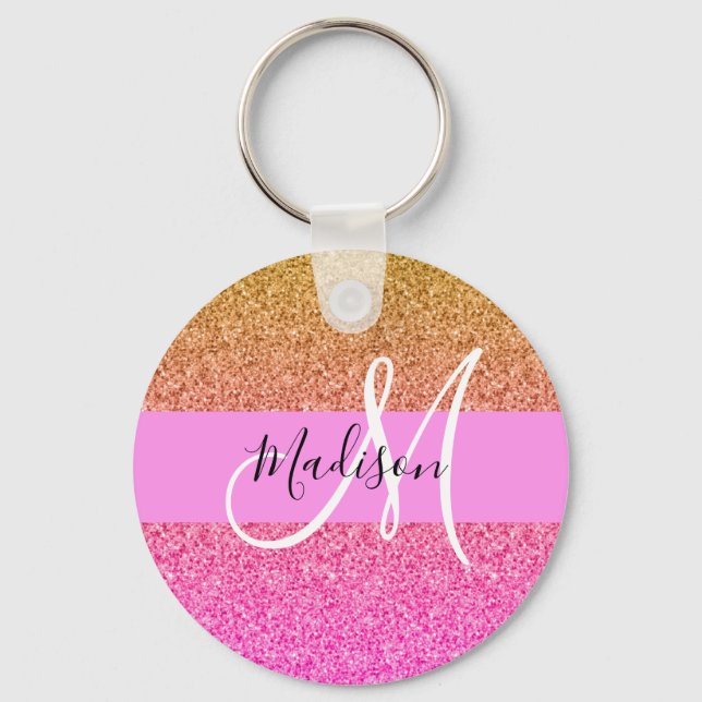 Glam Pink & Gold Glitzer Sparkle Gradient Monogram Schlüsselanhänger (Vorderseite)