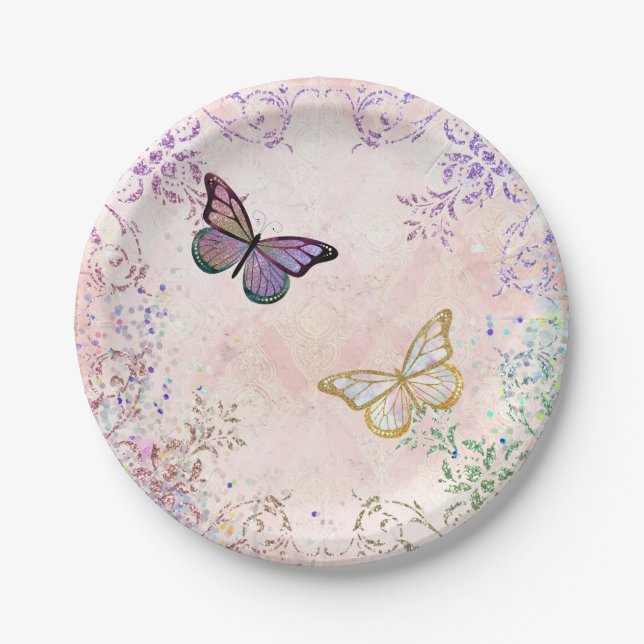Glam Pink Gold Lila Schmetterlinge Pappteller (Vorderseite)