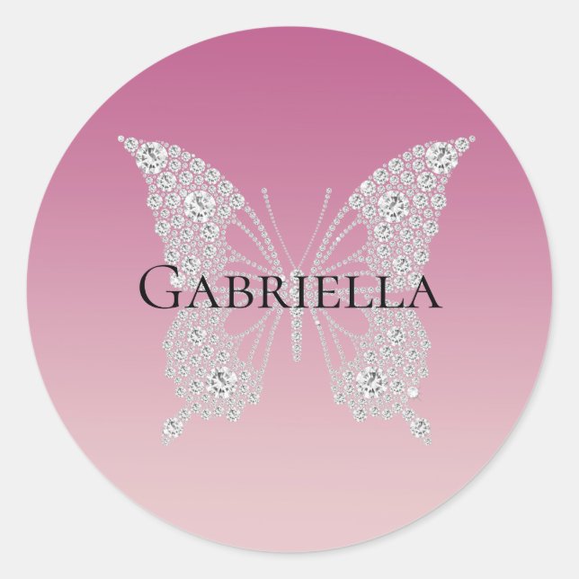 Glam Pink Imitats Diamonds Butterfly Runder Aufkleber (Vorderseite)