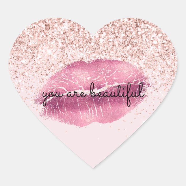 Glam Pink Kiss Lips Blush Glitzer Herz-Aufkleber (Vorderseite)