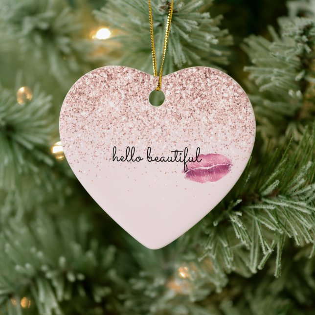 Glam Pink Kiss Lips Blush Glitzer Keramik Ornament (Baum)