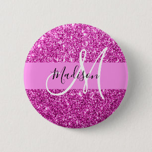 Glam Pink & Magenta Glitzer Sparkle Monogram Name Button