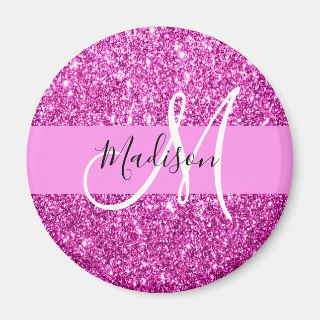 Glam Pink & Magenta Glitzer Sparkle Monogram Name Magnet (Vorne)