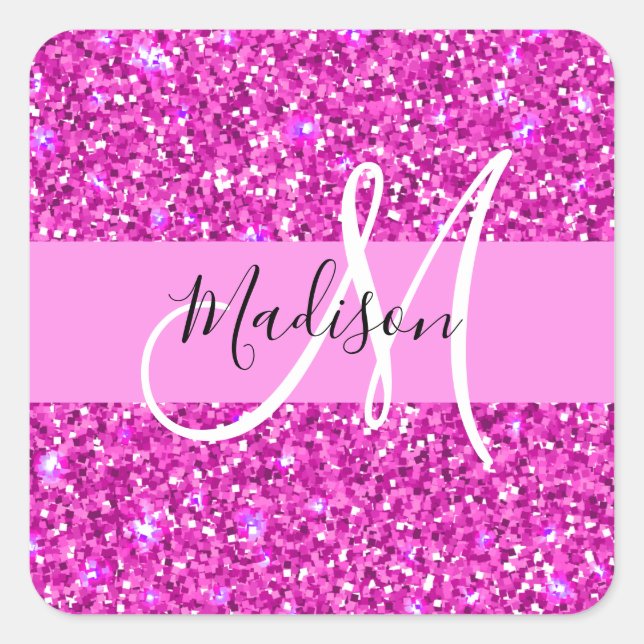 Glam Pink & Magenta Glitzer Sparkle Monogram Name Quadratischer Aufkleber (Vorderseite)
