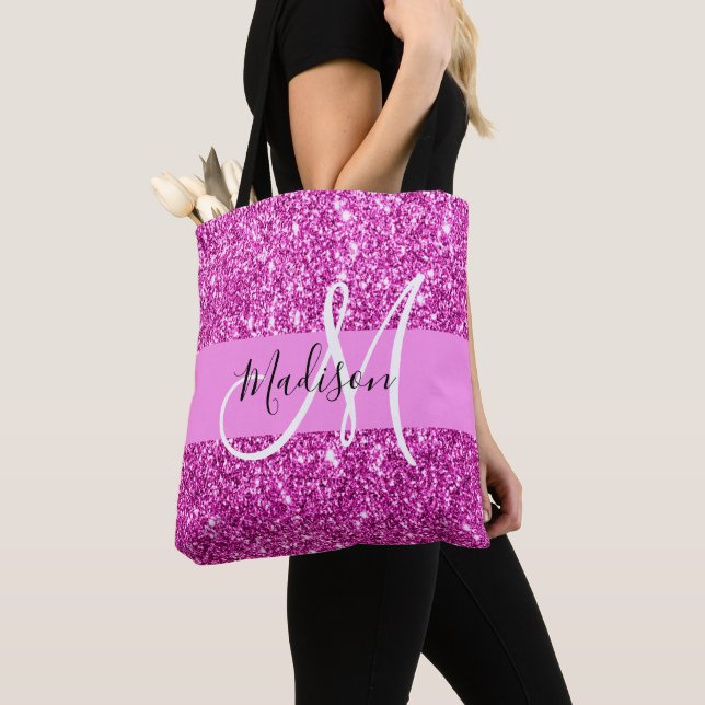 Glam Pink & Magenta Glitzer Sparkle Monogram Name Tasche (Von Nahem)