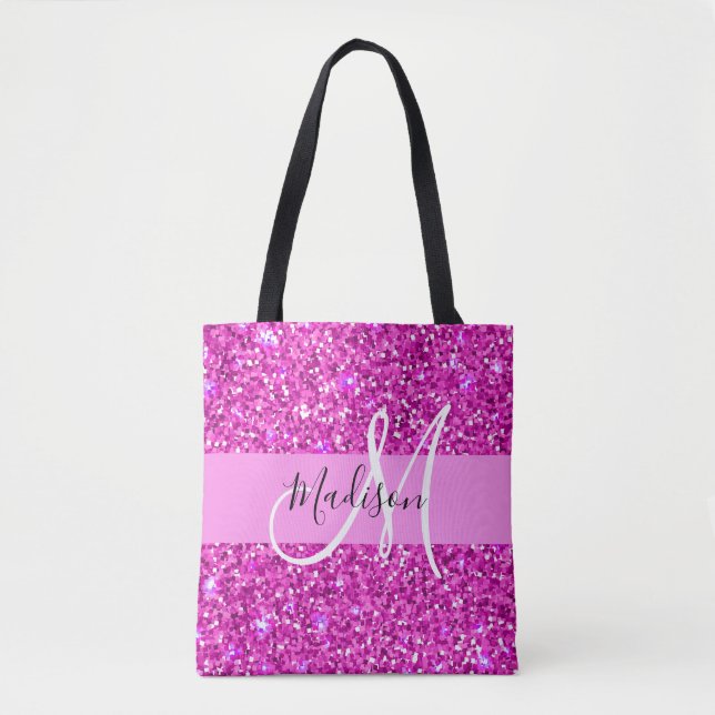 Glam Pink & Magenta Glitzer Sparkle Monogram Name Tasche (Vorderseite)