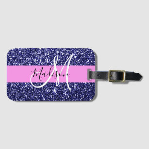 Glam Pink Navy Blue Glitzer Glitzern Name Monogram Gepäckanhänger