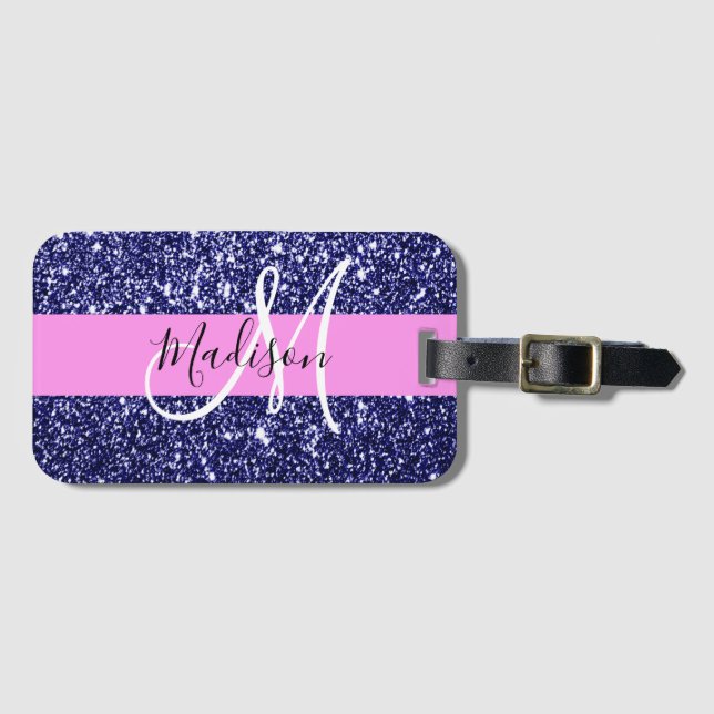 Glam Pink Navy Blue Glitzer Glitzern Name Monogram Gepäckanhänger (Vorderseite (Horizontal))