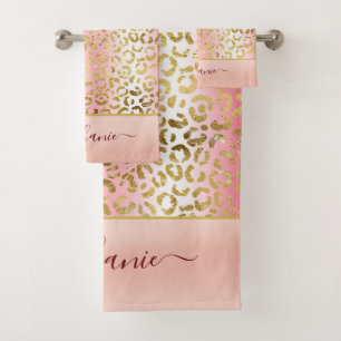 Glam Pink Ombre Gold Leopard Muster Personalisiert Badhandtuch Set