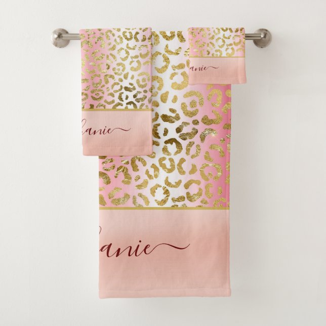 Glam Pink Ombre Gold Leopard Muster Personalisiert Badhandtuch Set (Insitu)