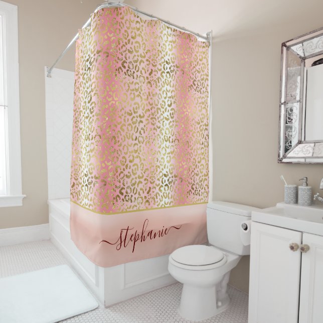 Glam Pink Ombre Gold Leopard Muster Personalisiert Duschvorhang (Beispiel)