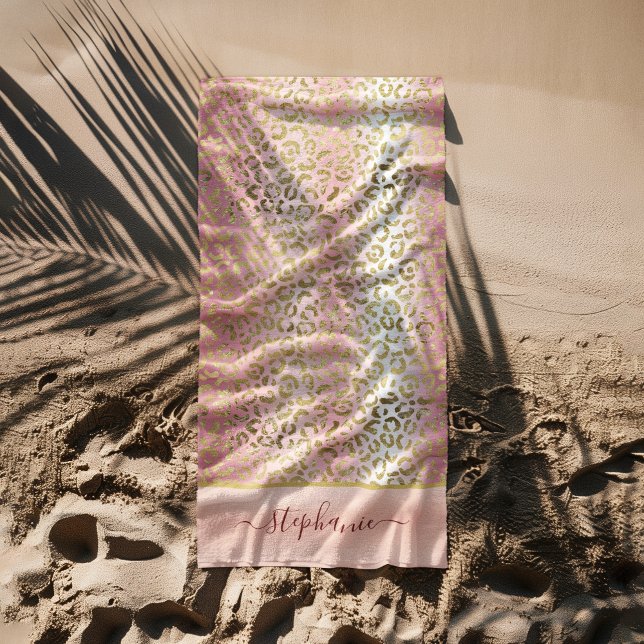 Glam Pink Ombre Gold Leopard Muster Personalisiert Strandtuch (Glam Pink Ombre Gold Leopard Pattern Personalized Beach Towel)