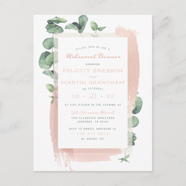 Glam Pink Painted Brushed Floral Probe Dinner Einladungspostkarte (Vorderseite)
