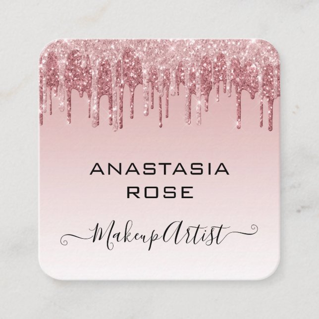 Glam Pink Rose Gold Glitzer Tropfen Makeup Artist Quadratische Visitenkarte (Vorderseite)