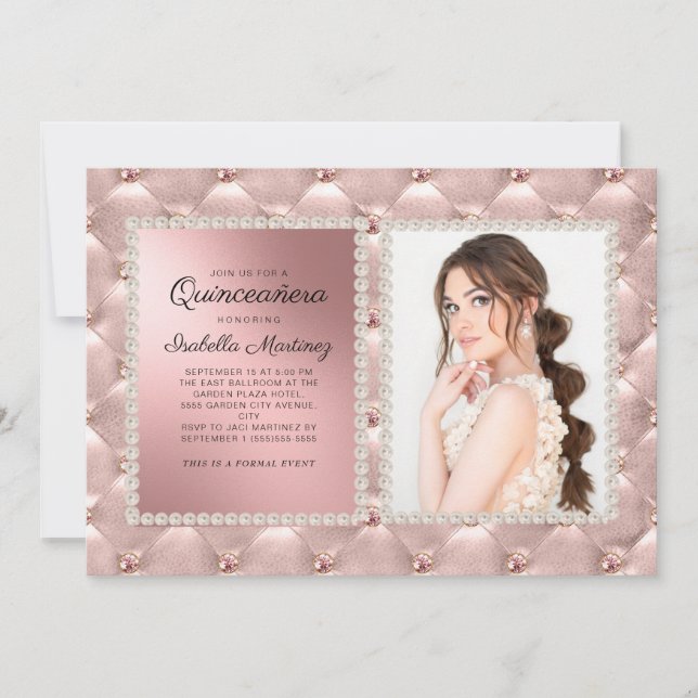 Glam Pink Rose Gold Quinceñera Foto Pearls Einladung (Vorderseite)