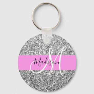Glam Pink & Silber Glitter Funkeln Monogramm Name Schlüsselanhänger