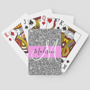 Glam Pink & Silber Glitter Funkeln Monogramm Name Spielkarten