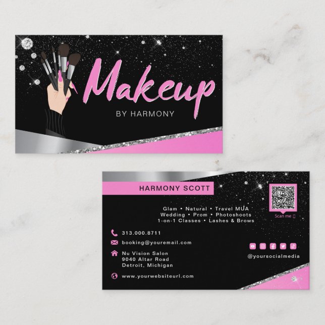 Glam Pink Silver Diamonds Makeup Artist MUA Visitenkarte (Vorne/Hinten)