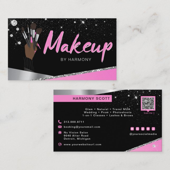 Glam Pink Silver Diamonds Makeup Artist MUA Visitenkarte (Vorne/Hinten)