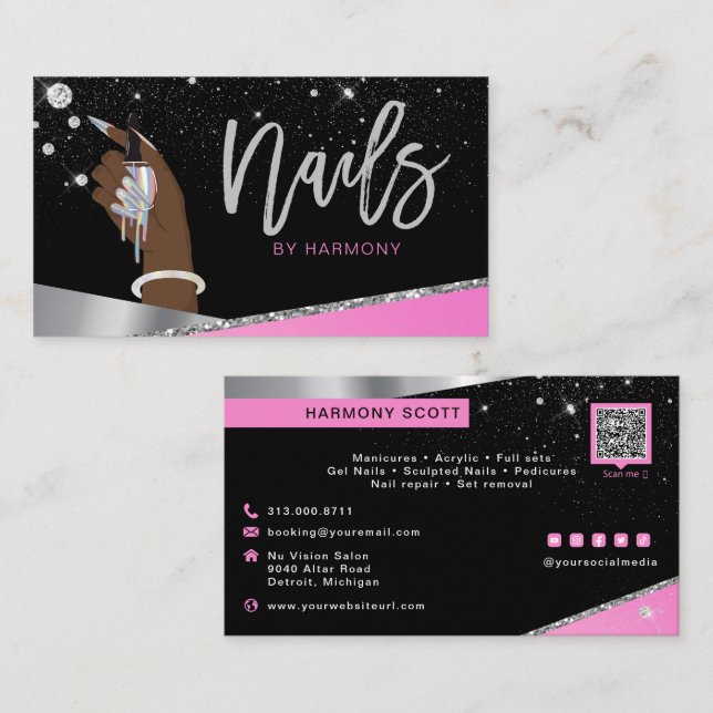 Glam Pink Silver Diamonds Nail Salon Tech Artist Visitenkarte (Vorne/Hinten)