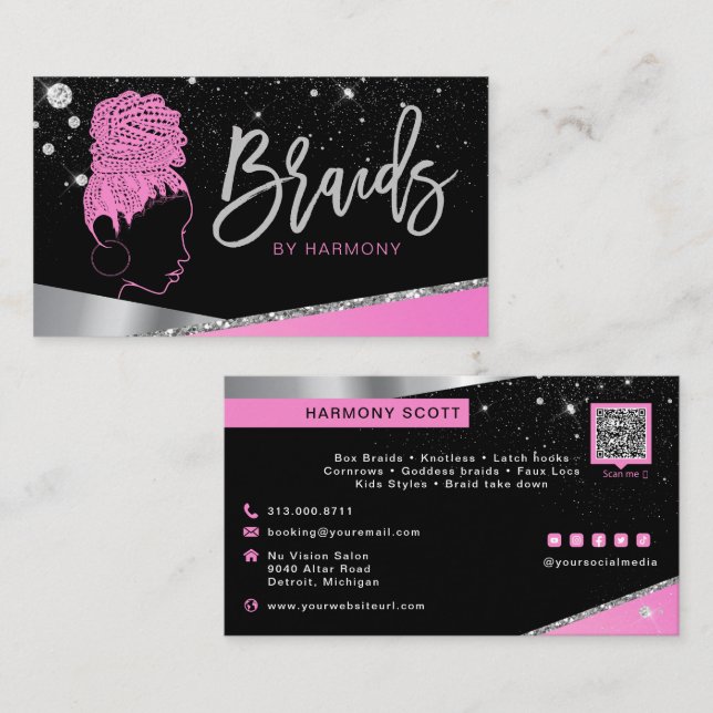 Glam Pink Silver Glitzer Diamonds Hair Braiding Bu Visitenkarte (Vorne/Hinten)