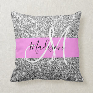 Glam Pink & Silver Glitzer Glitzern Monogramm Name Kissen