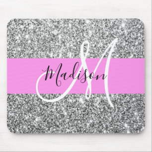 Glam Pink & Silver Glitzer Glitzern Monogramm Name Mousepad