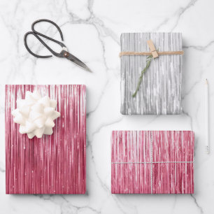 Glam Pink Silver Sparkle Streifen Geschenkpapier Set