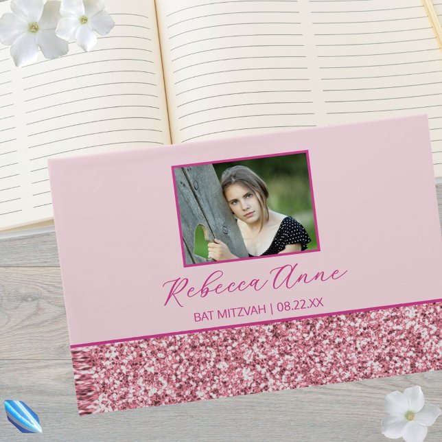 Glam Pink Simple Elegantes Foto Bat Mitzvah Gästebuch (A photo guestbook perfect for capturing those Bat Mitzvah party memories)