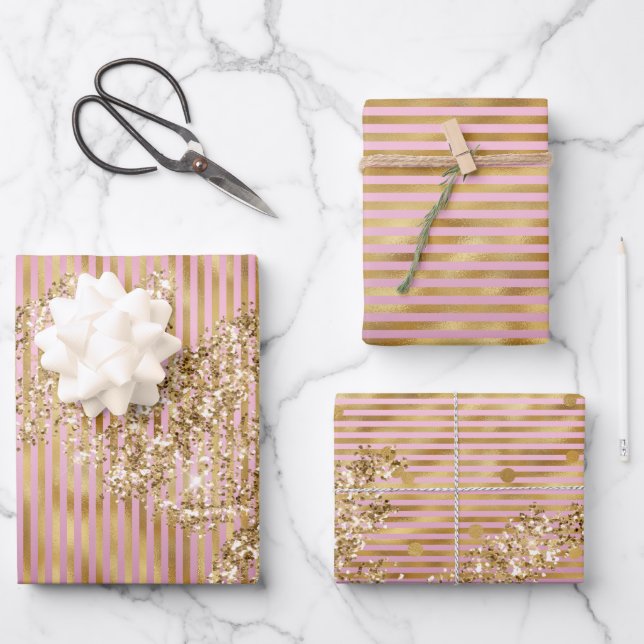 Glam Pink Streifen Glitzer Confetti Geschenkpapier Set (Vorderseite)