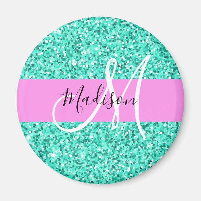 Glam Pink Türkis Glitzer Glitzern Monogram Name Magnet (Vorne)