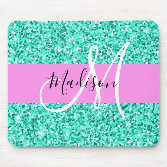 Glam Pink Türkis Glitzer Glitzern Monogram Name Mousepad (Vorne)