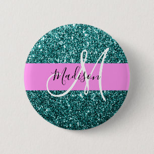 Glam Pink Türkis Grün Glitter Funkeln Name Monogra Button