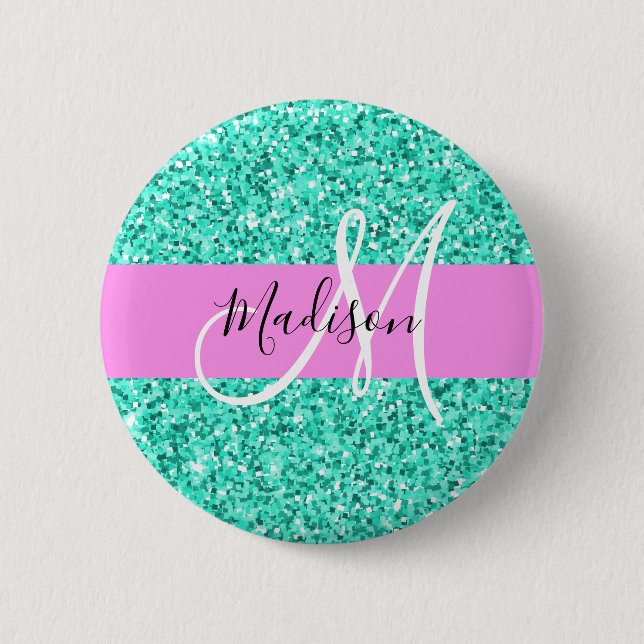 Glam Pink und Aqua Glitzer Glitzern Monogram Name Button (Vorderseite)
