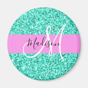 Glam Pink und Aqua Glitzer Glitzern Monogram Name Magnet