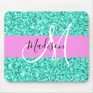 Glam Pink und Aqua Glitzer Glitzern Monogram Name Mousepad