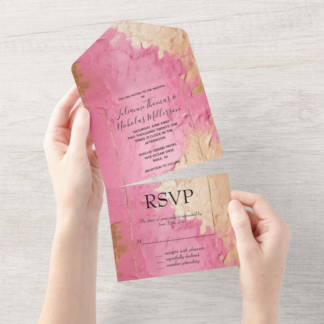 Glam Pink und Gold All In One Einladung (Abreißen)
