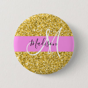 Glam Pink und Gold Glitzer Glitzern Monogram Name Button
