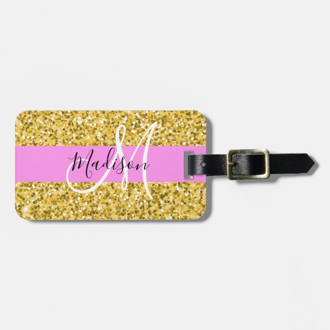 Glam Pink und Gold Glitzer Glitzern Monogram Name Gepäckanhänger (Vorderseite horizontal)