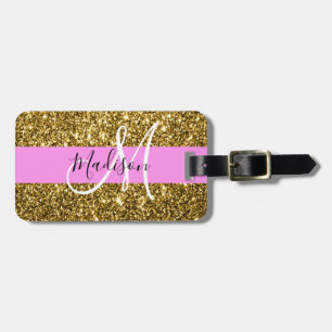 Glam Pink und Gold Glitzer Glitzern Monogram Name Gepäckanhänger