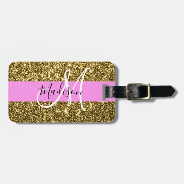Glam Pink und Gold Glitzer Glitzern Monogram Name Gepäckanhänger (Vorderseite horizontal)