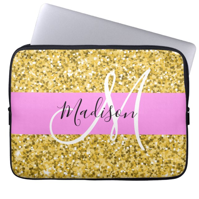 Glam Pink und Gold Glitzer Glitzern Monogram Name Laptopschutzhülle (Vorderseite)