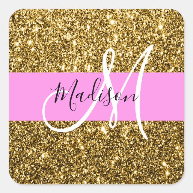 Glam Pink und Gold Glitzer Glitzern Monogram Name Quadratischer Aufkleber (Vorderseite)