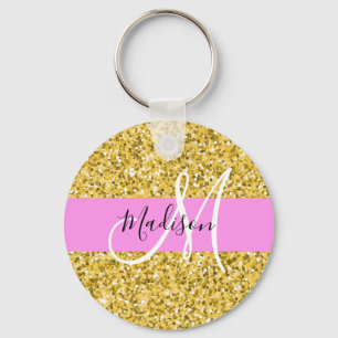 Glam Pink und Gold Glitzer Glitzern Monogram Name Schlüsselanhänger